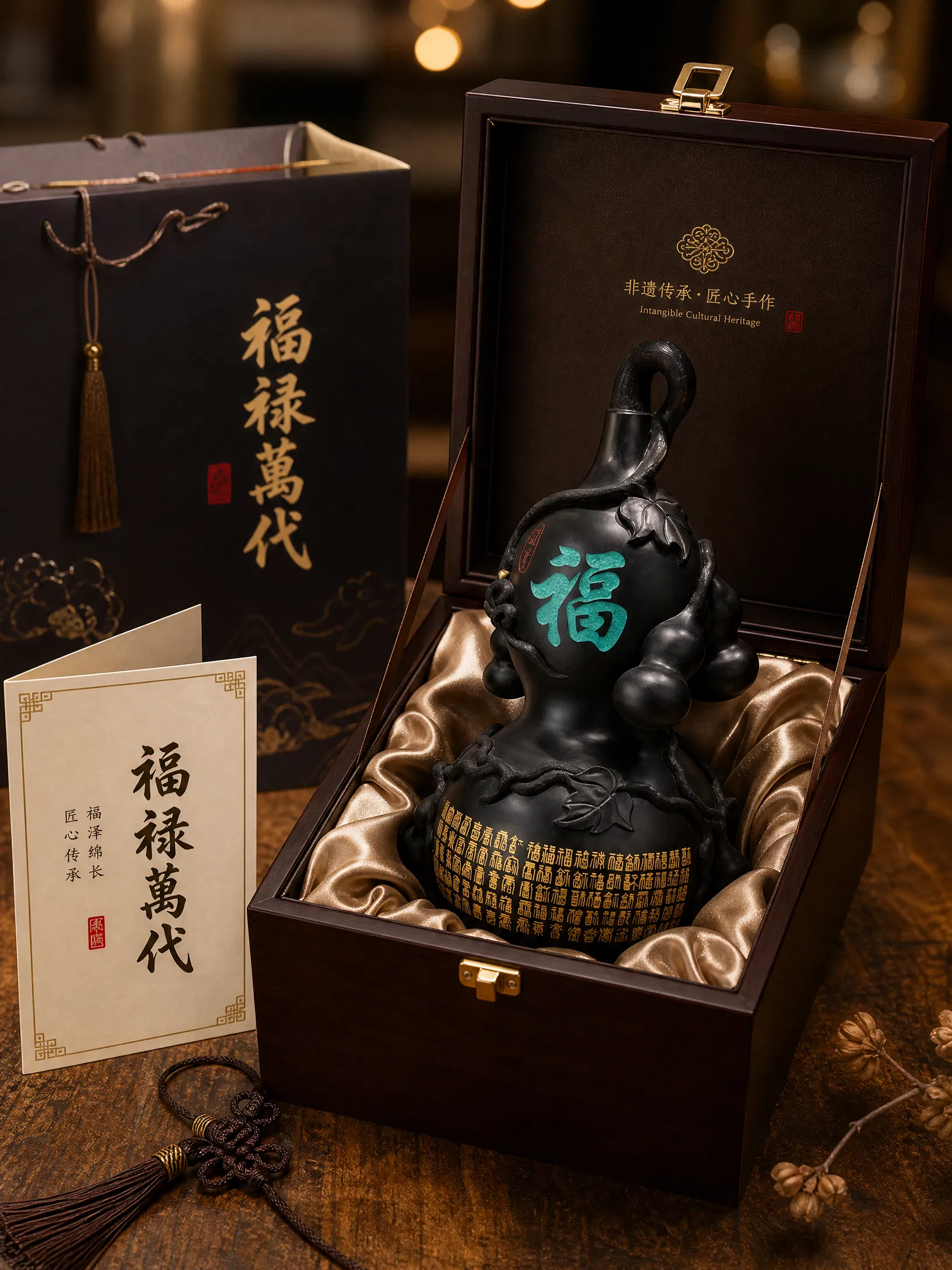 Black pottery Fu gourd with gift box packaging