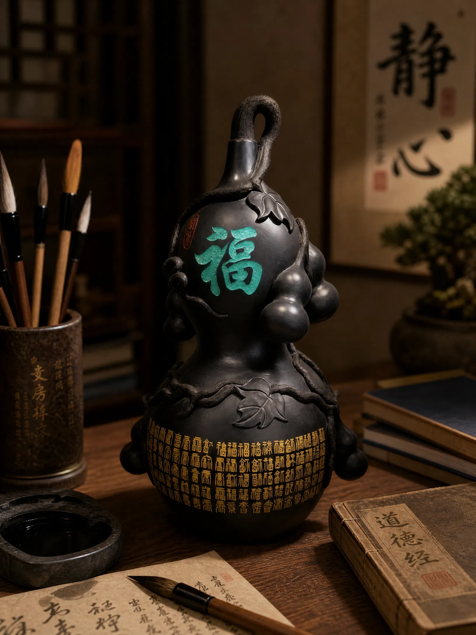 Front view of black pottery gourd with carved Fu characters
