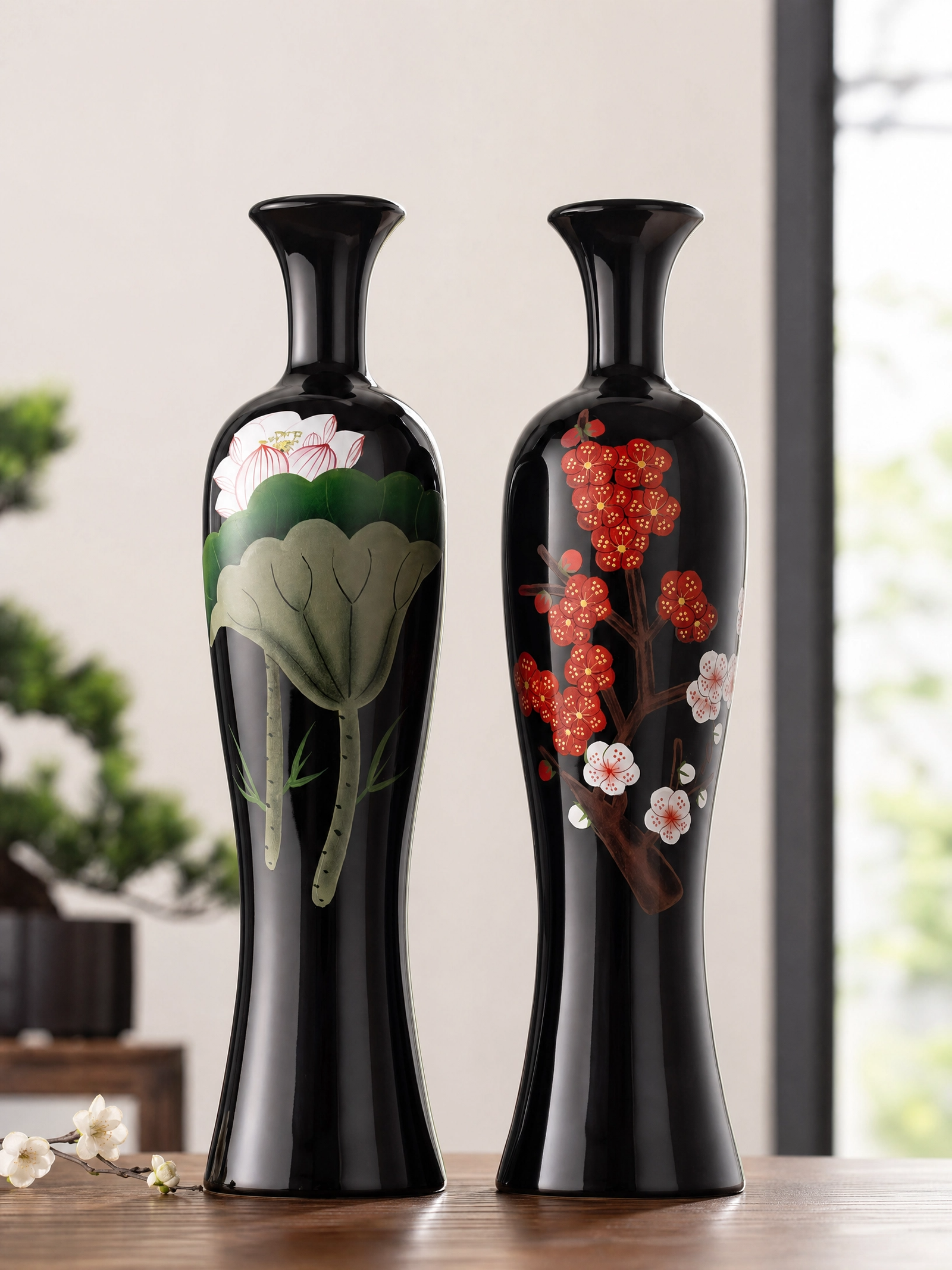 Handmade Black Pottery Lotus & Plum Blossom Vase Set for Home Decor