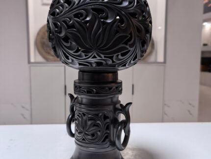Lotus Echoes: Hand-Carved Zen Black Pottery Heritage Centerpiece