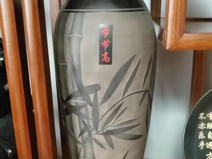 Black pottery bamboo decorative vase with Chinese characters and matte gray body