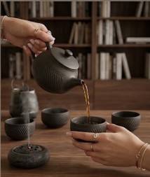 Pouring Tea from Handmade Black Pottery Teapot