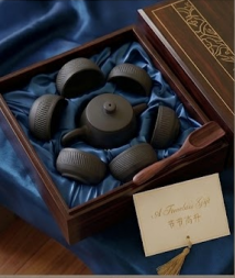 Black Pottery Tea Set with Teapot and Six Tea Cups