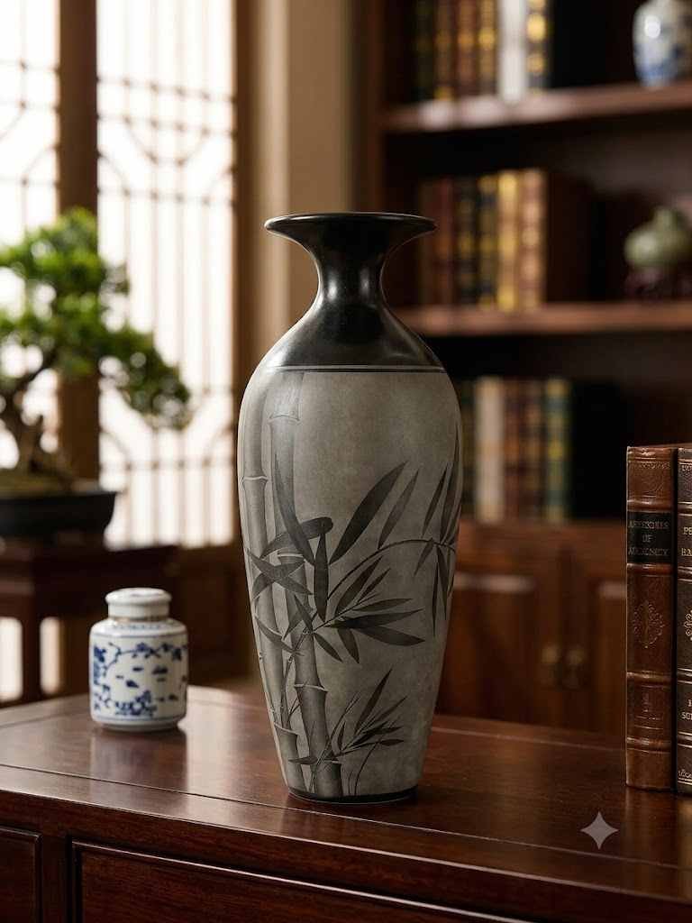 Handmade Black Pottery Bamboo Vase displayed in a modern living room
