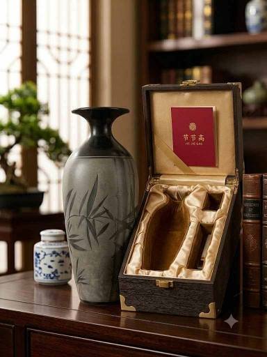 Handmade Black Pottery Bamboo Vase displayed on a wooden shelf