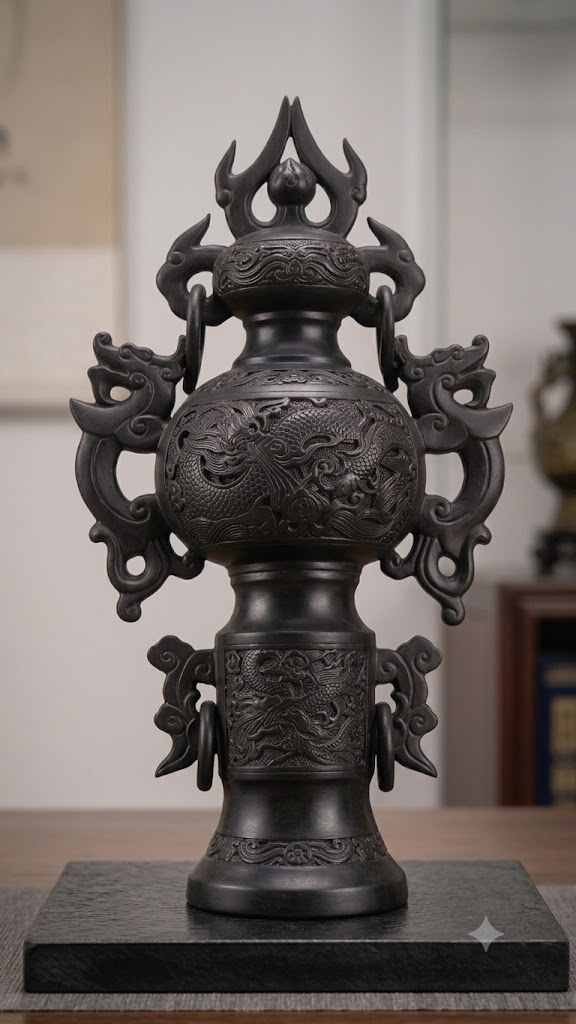 Handcrafted black pottery dragon vase full front view with crowned top