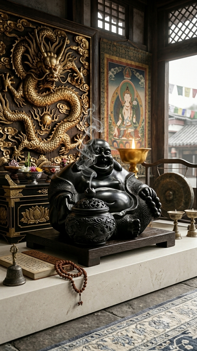Handcrafted Black Pottery Buddha Statue displayed in a luxury Zen living room