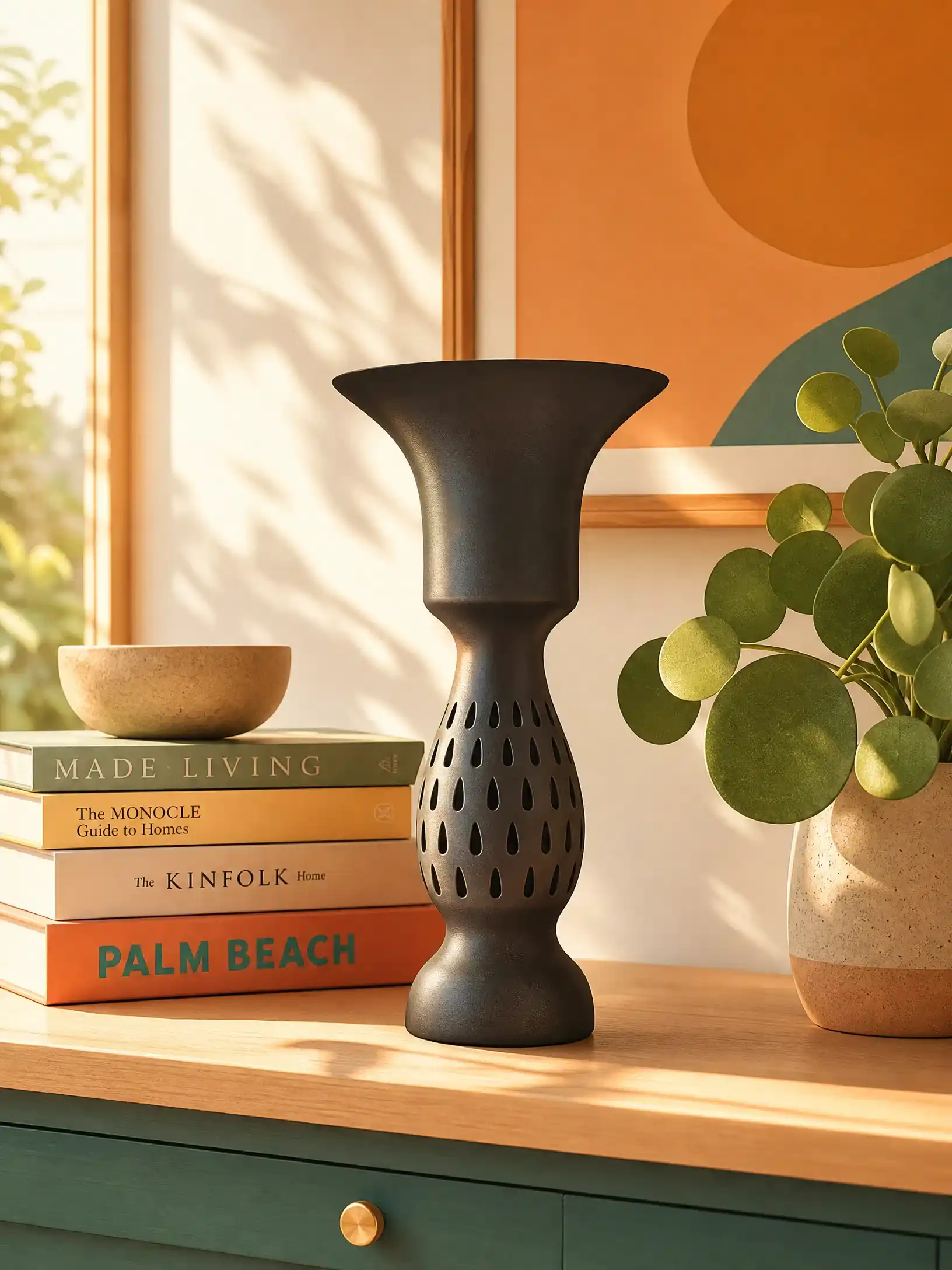 Handmade Black Pottery Stemmed Cup displayed in a modern Zen interior
