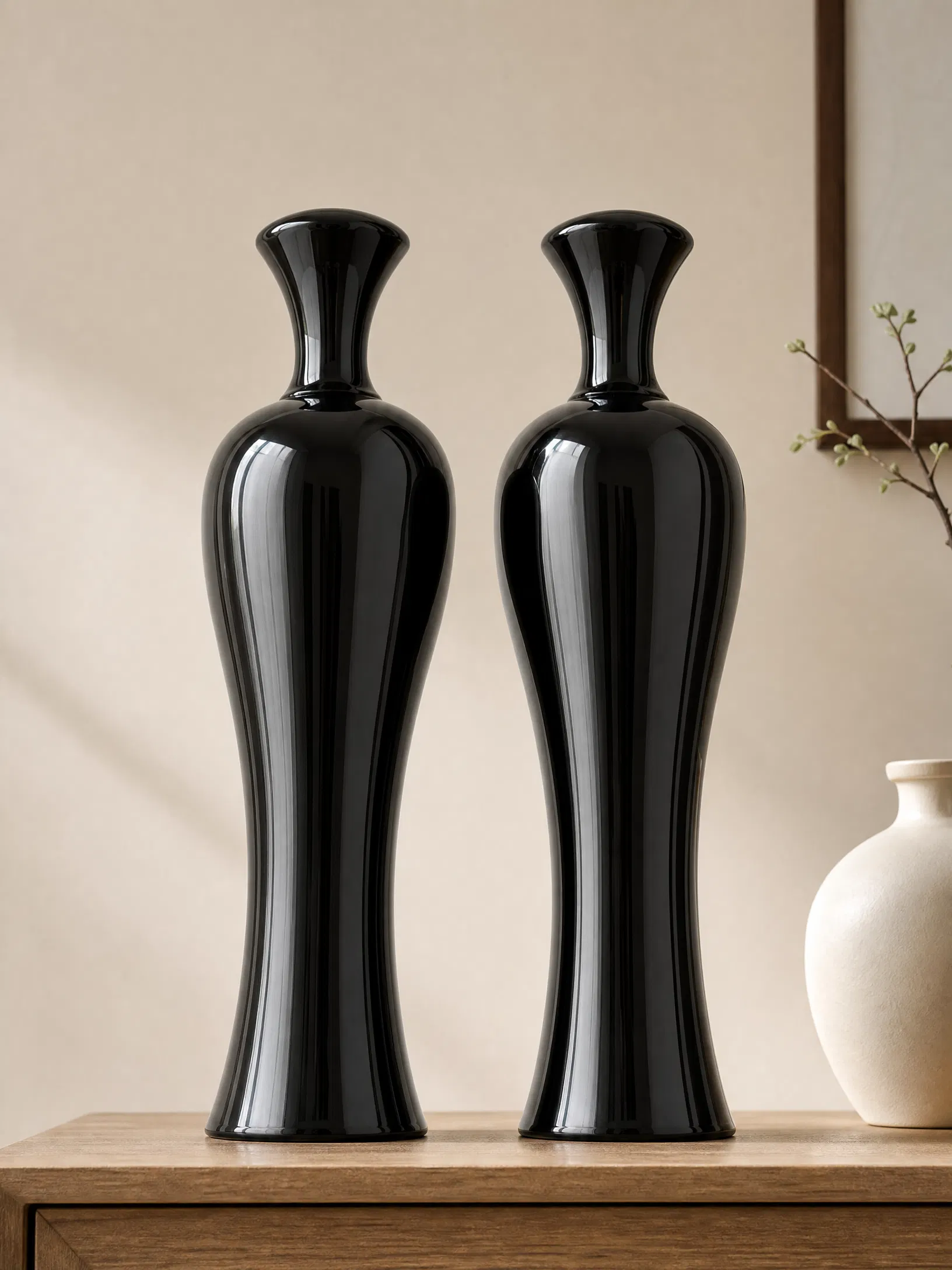 Handmade Black Pottery Lotus & Plum Blossom Vase Set