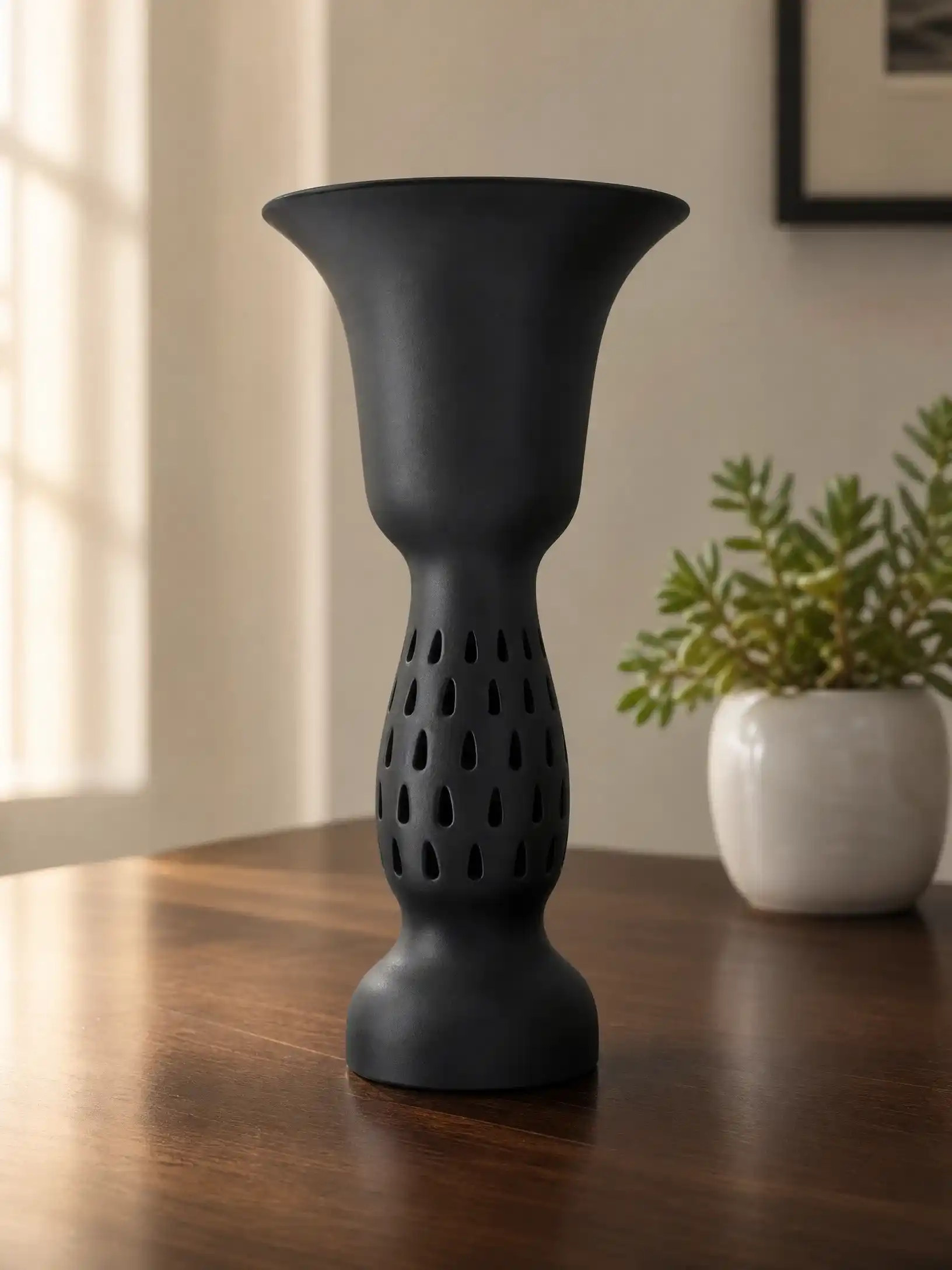 Handmade Black Pottery Stemmed Cup front view