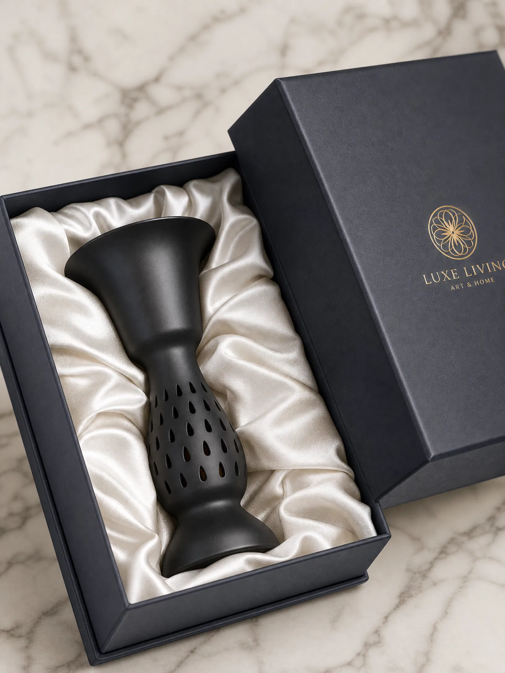 Handmade Black Pottery Stemmed Vase in Premium Gift Box