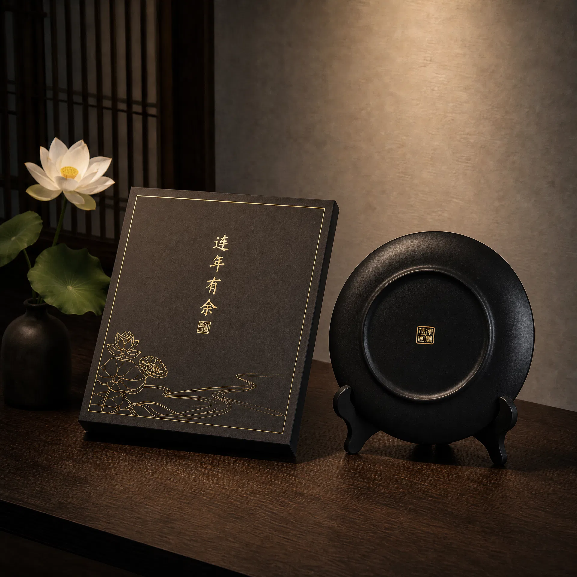 Back view of handcrafted black pottery decorative plate with traditional Chinese craftsmanship