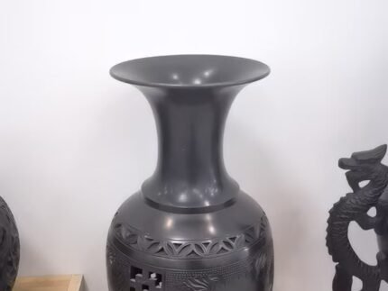 Handmade Black Pottery Twin Handle Dragon Vase with hand-carved dragon relief