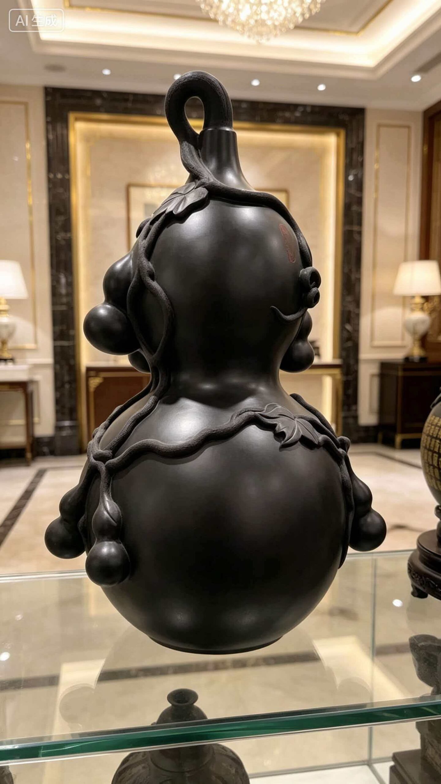 Back view of black pottery Fu gourd sculpture