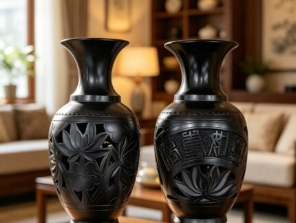 Handmade Chinese black pottery vase pair with carved floral motifs, carbon-fired Longshan ceramic art
