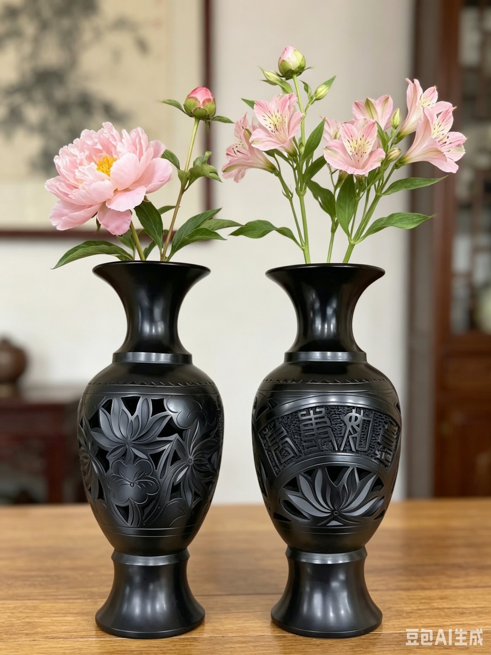 Handmade black pottery vases with pink floral arrangement, carbon-fired Chinese ceramic art