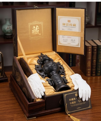 Black pottery dragon vase gift packaging in wooden presentation box