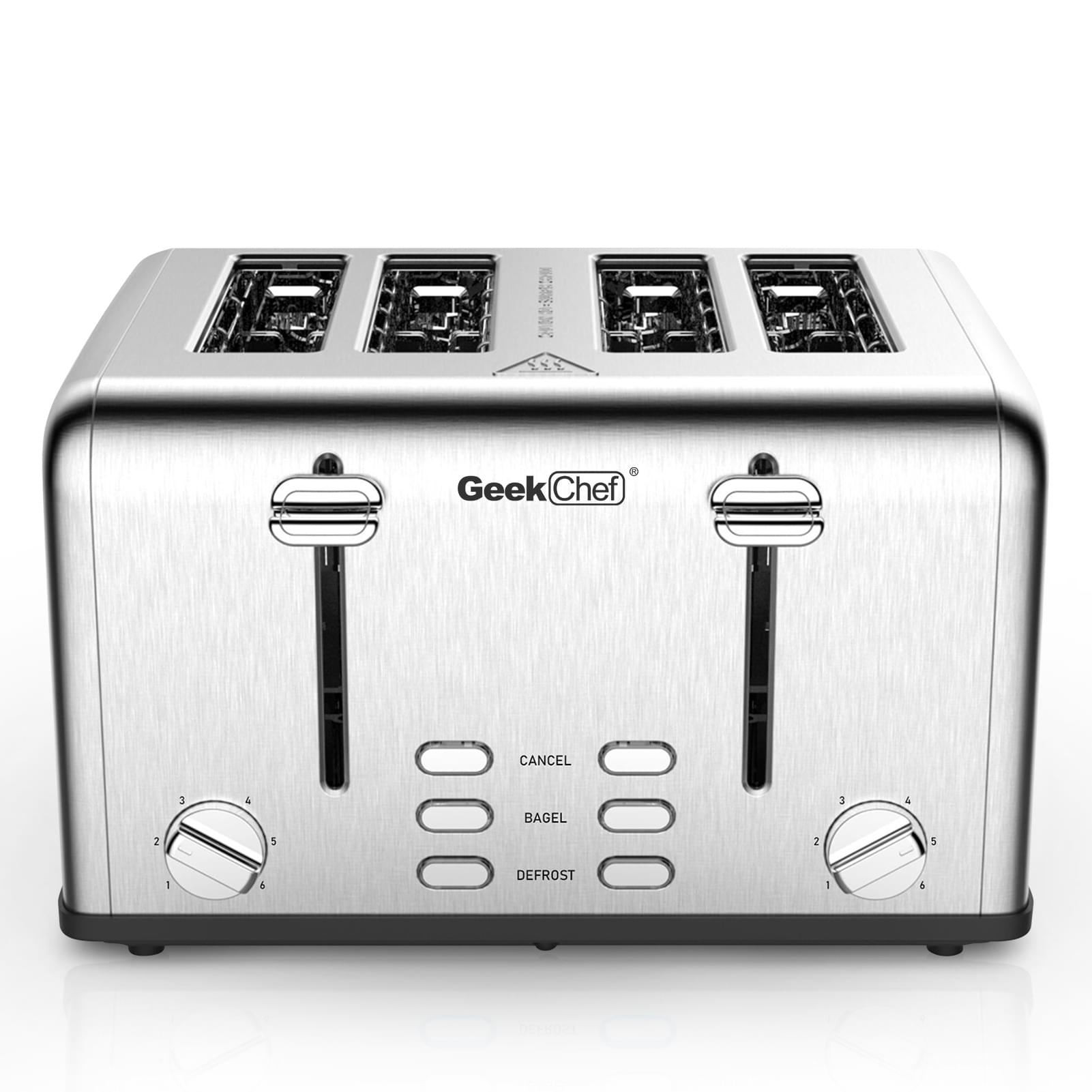 Toaster 4 Slice, Geek Chef Stainless Steel Extra-Wide Slot Toaster With Dual Control Panels Of Bagel,Defrost,Cancel Function